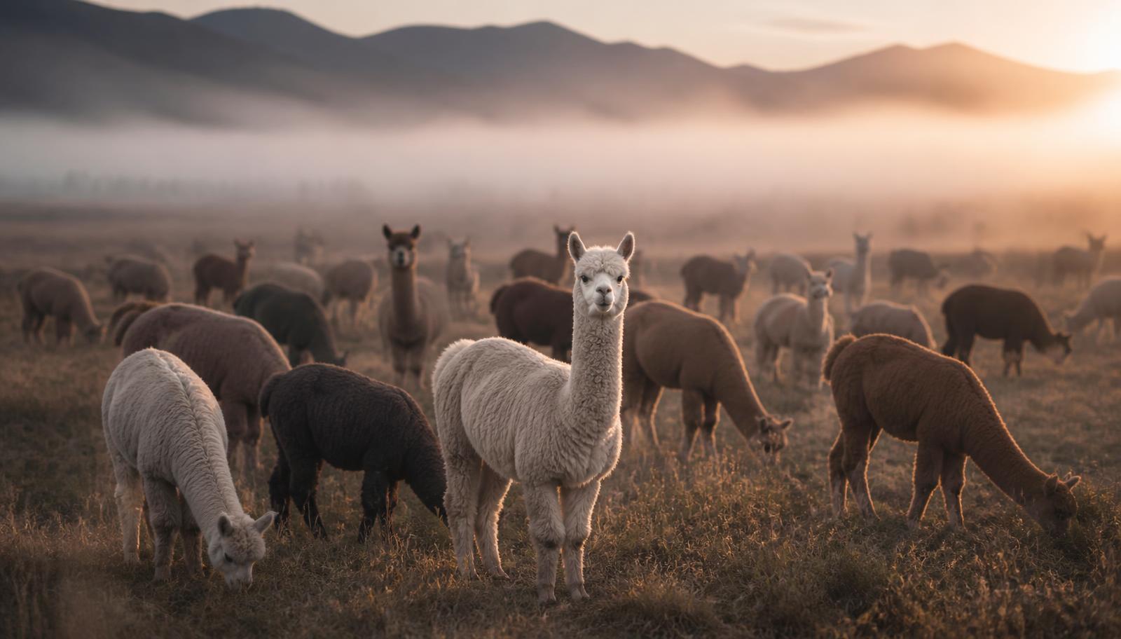Alpakaherde im Morgennebel