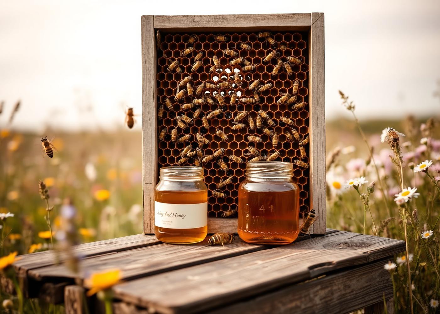 Bienenwabe und Honiggläser an der Blumenwiese